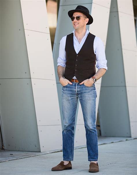 blue waistcoat with jeans